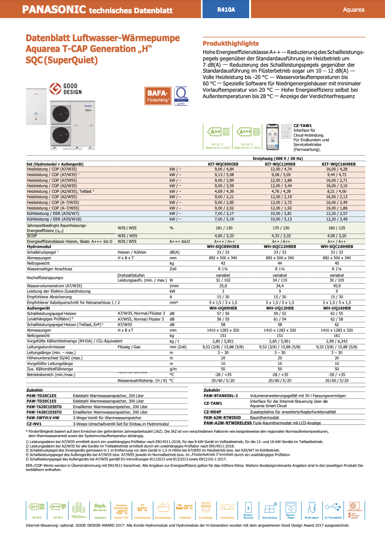 Wärmepumpe Panasonic Super Quiet 9 und 12 KW T-CAP KIT (WQC09H3E8/WQC12H9E8)