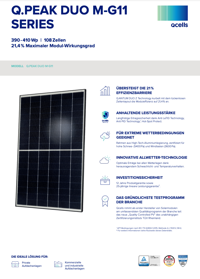 Top Preis-Leistung - Solarmodul Q-CELLS Q.PEAK DUO-M-G11 395 Wpeak schwarzer Rahmen sofort lieferbar, Deutscher Hersteller