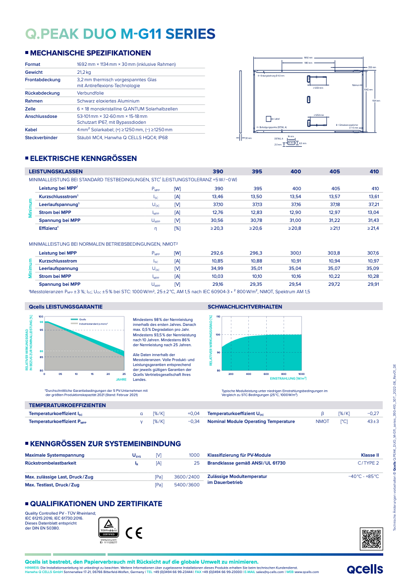 Top Preis-Leistung - Solarmodul Q-CELLS Q.PEAK DUO-M-G11 395 Wpeak schwarzer Rahmen sofort lieferbar, Deutscher Hersteller