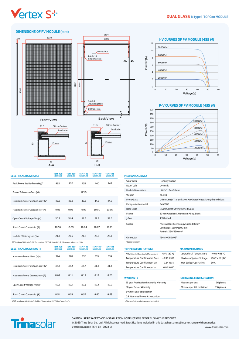 Abholware EnergySolutionCenter: Trina Solarmodul Vertex S+ NEG9R.28, 435Wp, Glas-Glas, mono HC