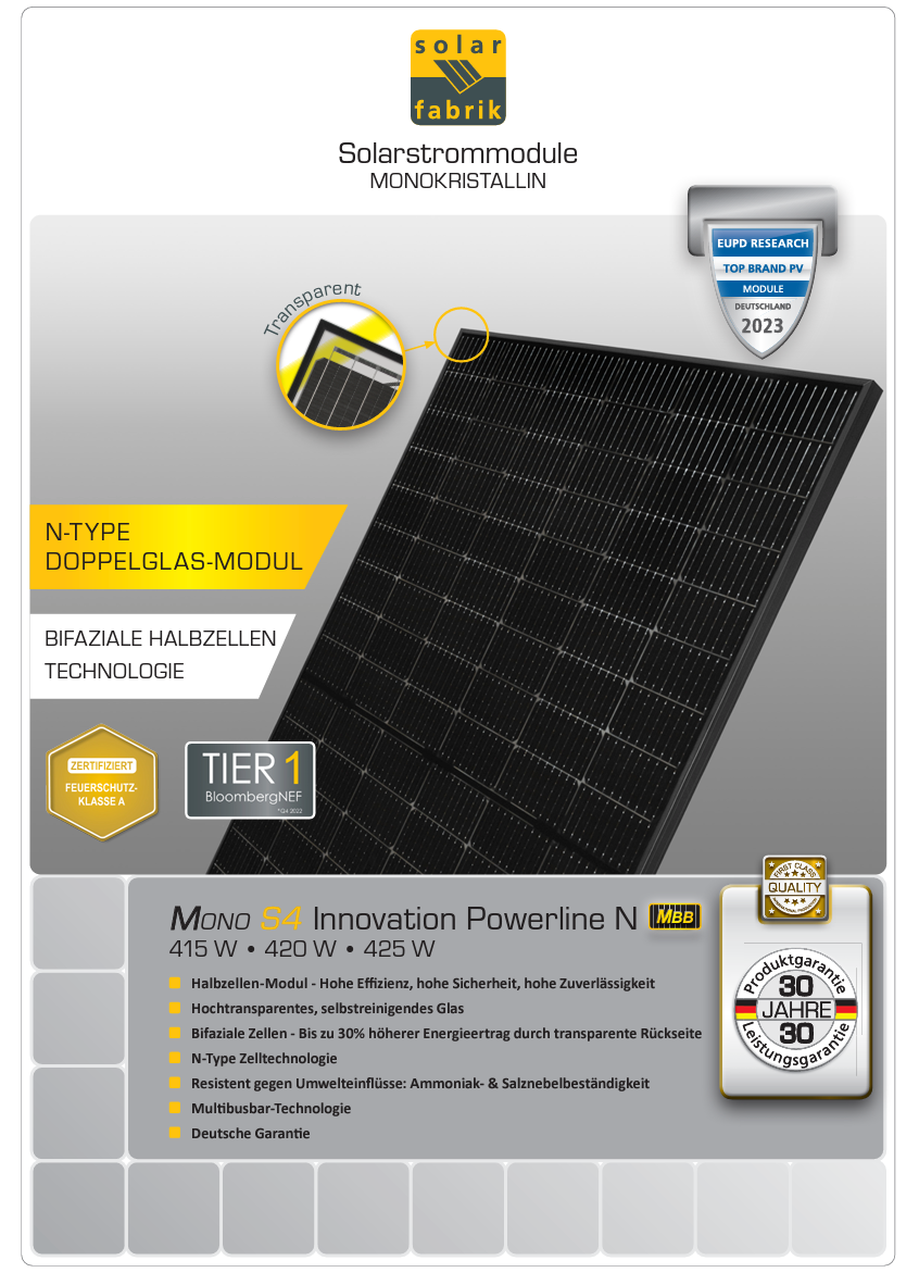 Deutscher Hersteller: Solar Fabrik 420 W S4 Innovation Powerline N Glas/Glas transparente Rückseite