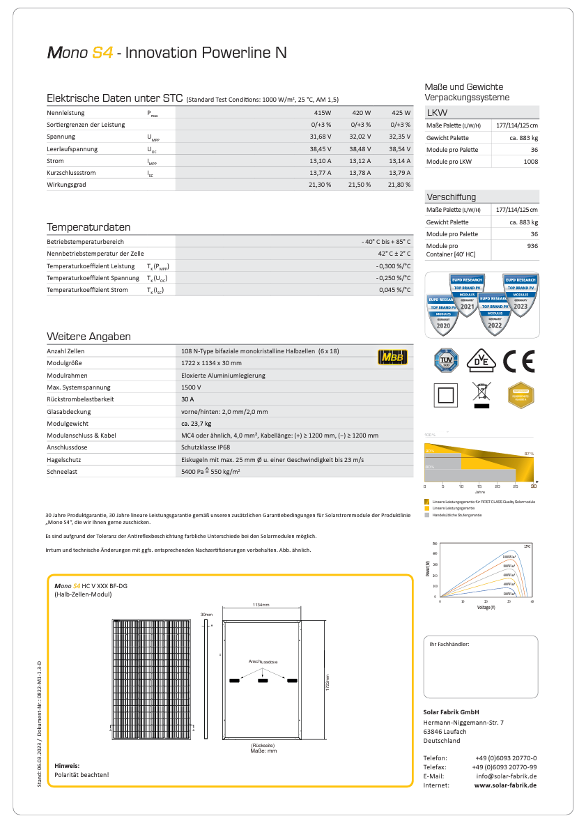 Deutscher Hersteller: Solar Fabrik 420 W S4 Innovation Powerline N Glas/Glas transparente Rückseite