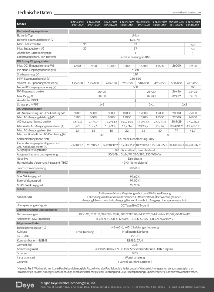 DEYE Hybridwechselrichter SUN-..K-SG01HP3-EU-AM2 - alle Größen - 5 bis 50 kW