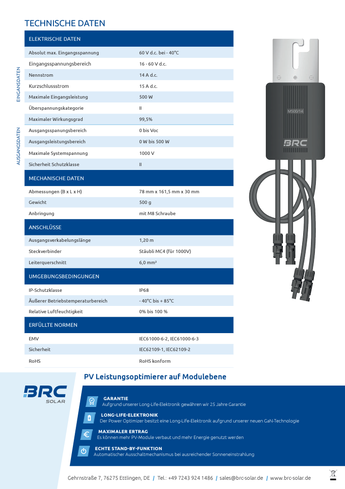 BRC-Solar POWER OPTIMIZER M500/14 Leistungs-Optimierer auf Modulebene - Moduloptimierer - Schattenmanagement