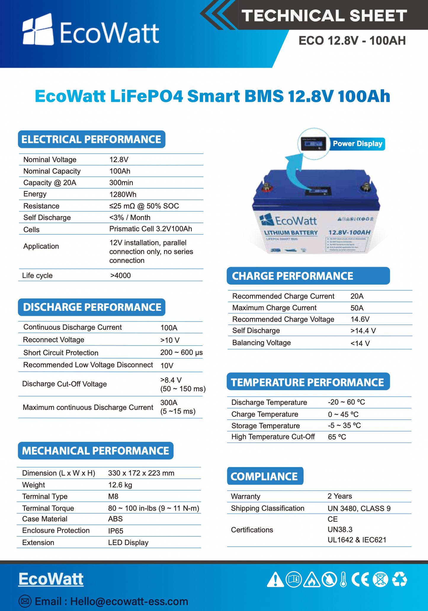 EcoWatt LiFePO4 Lithium Batterie 12.8V 100Ah SmartBMS-ohne Bluetooth-mit LED Display