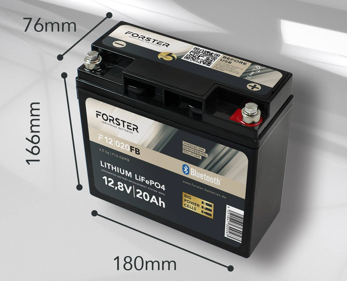 Forster 12,8V Lithium/LiFePO4 20Ah Batterie | BMS | Smart Bluetooth inkl. App | IP67 | DEUTSCHER MARKENHERSTELLER | Camping | Boot | Yacht | Wohnmobil | Wohnwagen