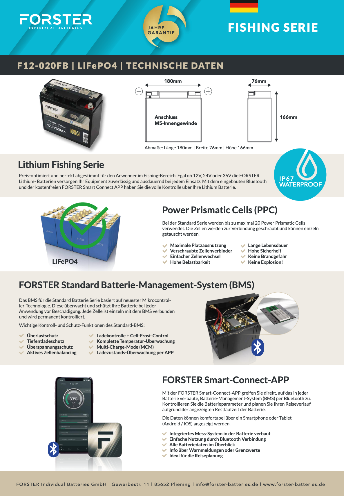 Forster 12,8V Lithium/LiFePO4 20Ah Batterie | BMS | Smart Bluetooth inkl. App | IP67 | DEUTSCHER MARKENHERSTELLER | Camping | Boot | Yacht | Wohnmobil | Wohnwagen