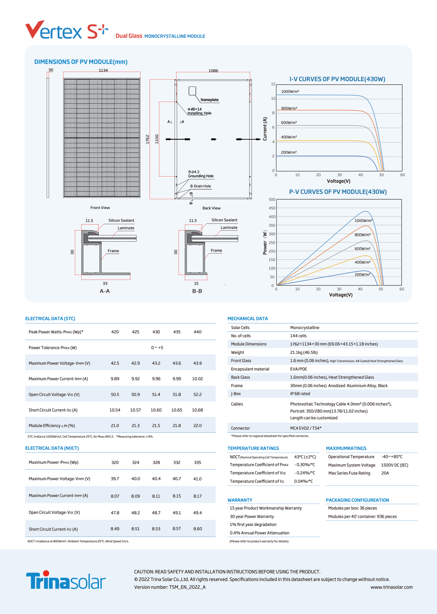 Lager Berlin: Trina Solarmodul Vertex S+ NEG9R.28, 430Wp, Doppelglas, mono HC, 25 Jahre Garantie