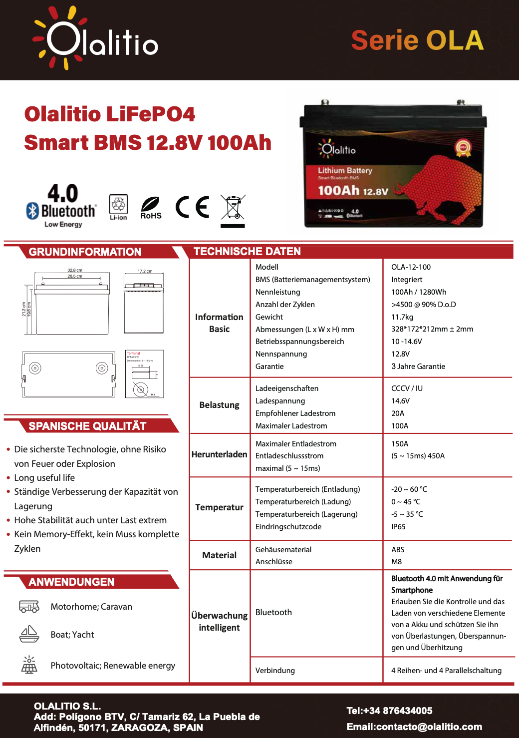 Olalitio Lithium/LiFePO4 Batterie 12V 100/150/200Ah LiFePO4 mit SMART BMS & Bluetooth | Camping | Boot | Yacht | Wohnmobil | Wohnwagen