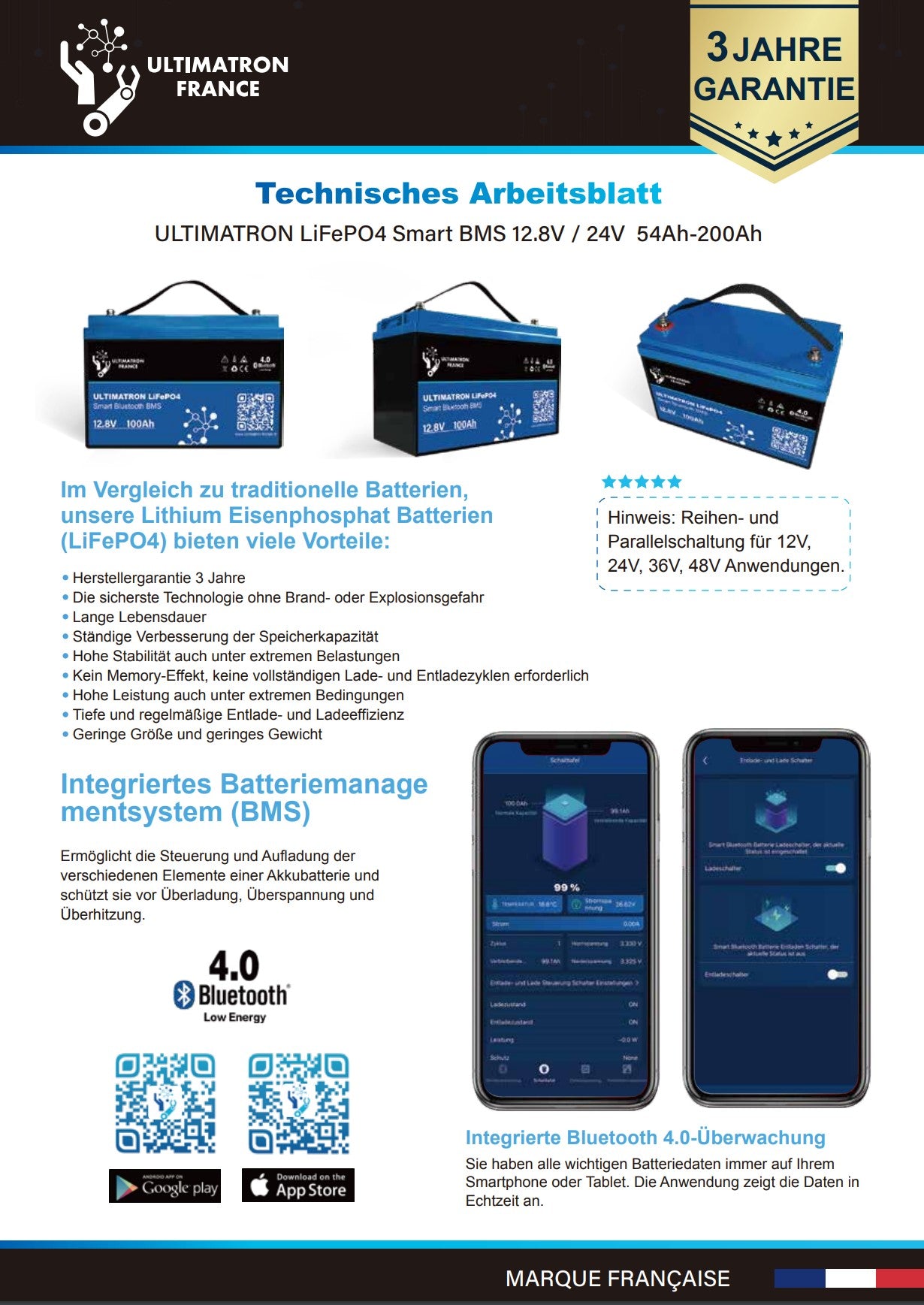 Ultimatron 12V 54Ah, 100Ah, 150Ah oder 200Ah Lithium LiFePO4 Batterie mit Smart BMS + Bluetooth-App