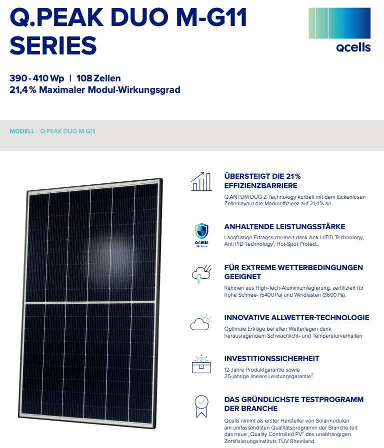 Top Preis-Leistung - Solarmodul Q-CELLS Q.PEAK DUO-M-G11 395 Wpeak schwarzer Rahmen sofort lieferbar, Deutscher Hersteller