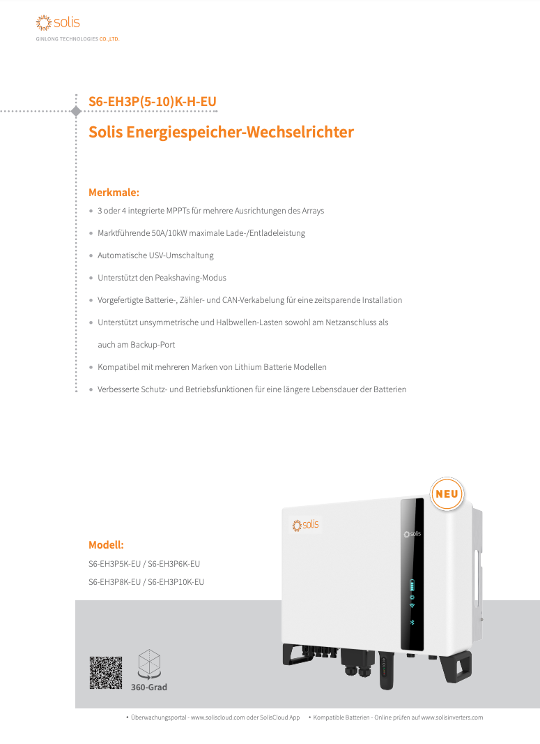 Hybridwechselrichter Solis S6-EH3P(5-10)K-H-EU - 3 und 4 MPP Tracker - BYD Batteriespeicher optional
