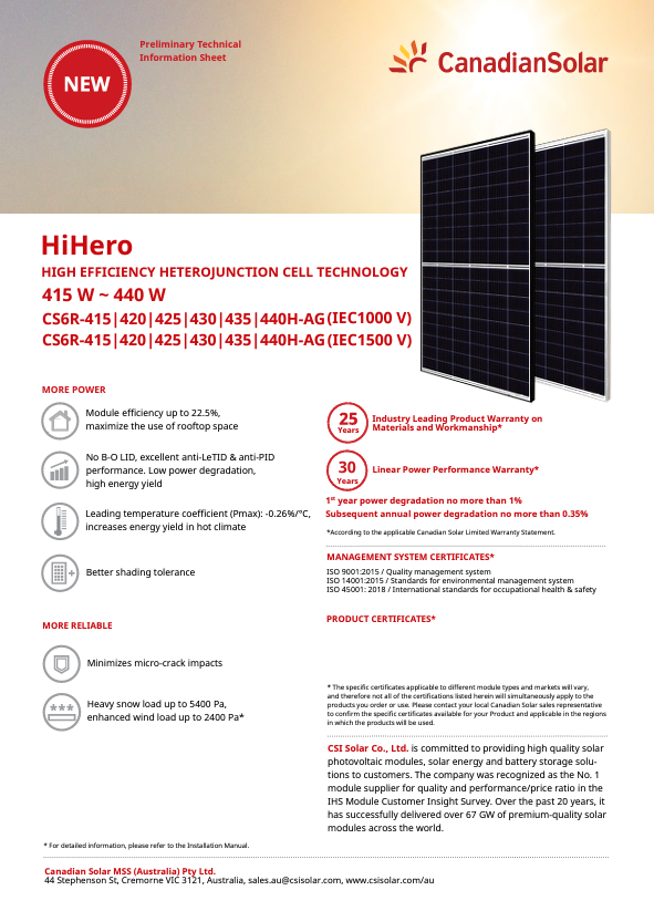 Glas-Glas: Canadian Solar HiHERO CS6R-430 & 435 Wp - HJT Solarmodul - Modulwirkungsgrad über 22% - verschiedene Ausführungen