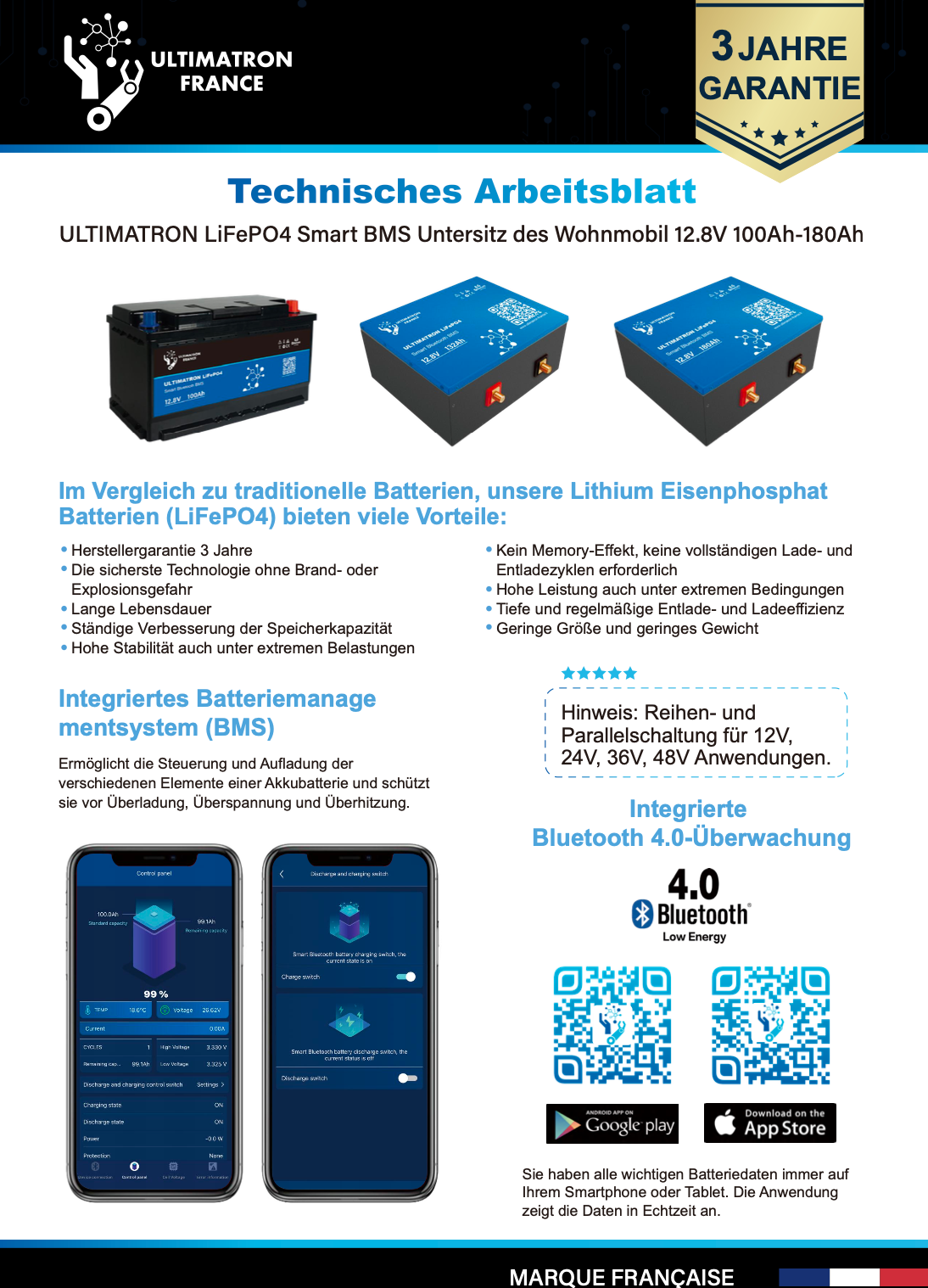 Ultimatron ULM 12.8V 180Ah Lithium LiFePO4 Untersitz-Batterie mit Smart BMS + Bluetooth-App Ducato Wohnmobil