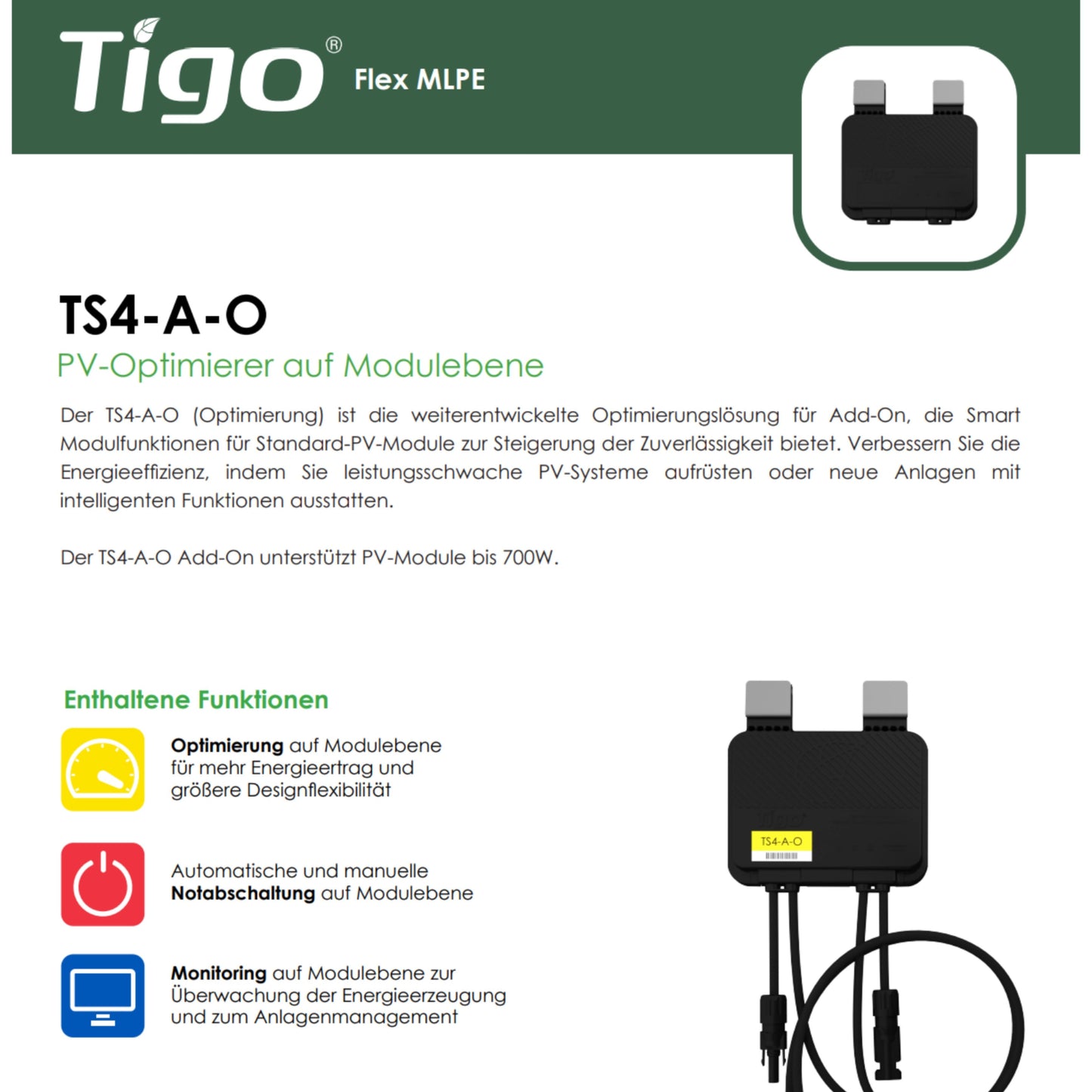 Abholware EnergySolutionCenter: TIGO TS4-A-O 700 W MC4 15A Solar Leistungs-Optimierer Photovoltaik