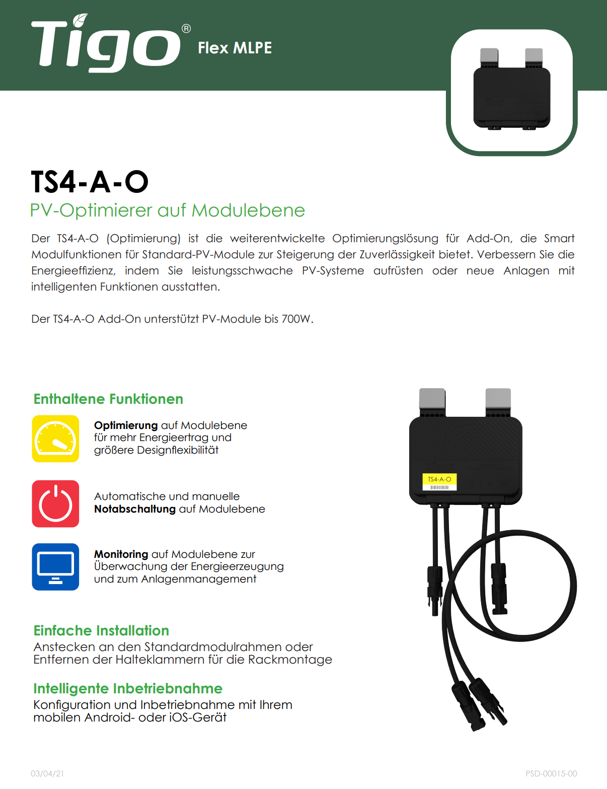 TIGO TS4-A-O 700 W 15 A MC4 Leistungs-Optimierer auf Modulebene - Schattenmanagement