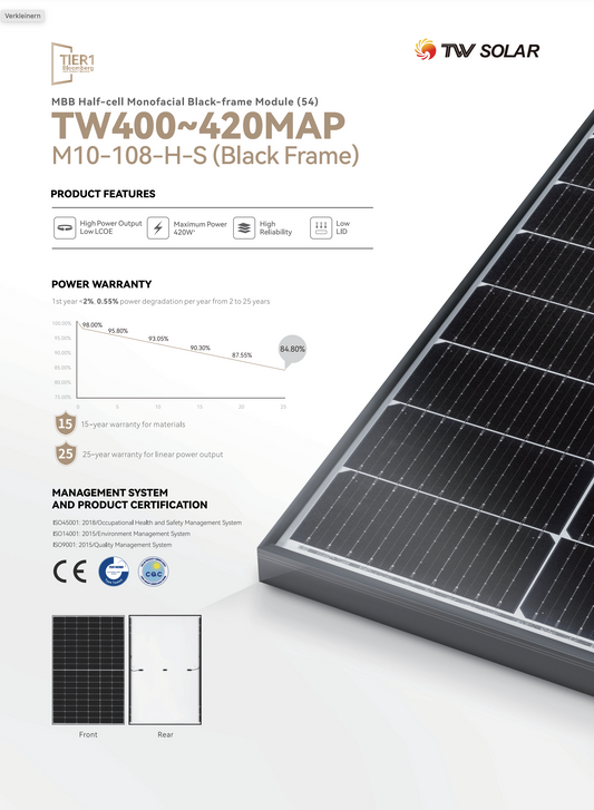 TW Solar Solarmodul TW415 MAP M10-108-H-S Tier1 black frame MONO PERC Halbzelle