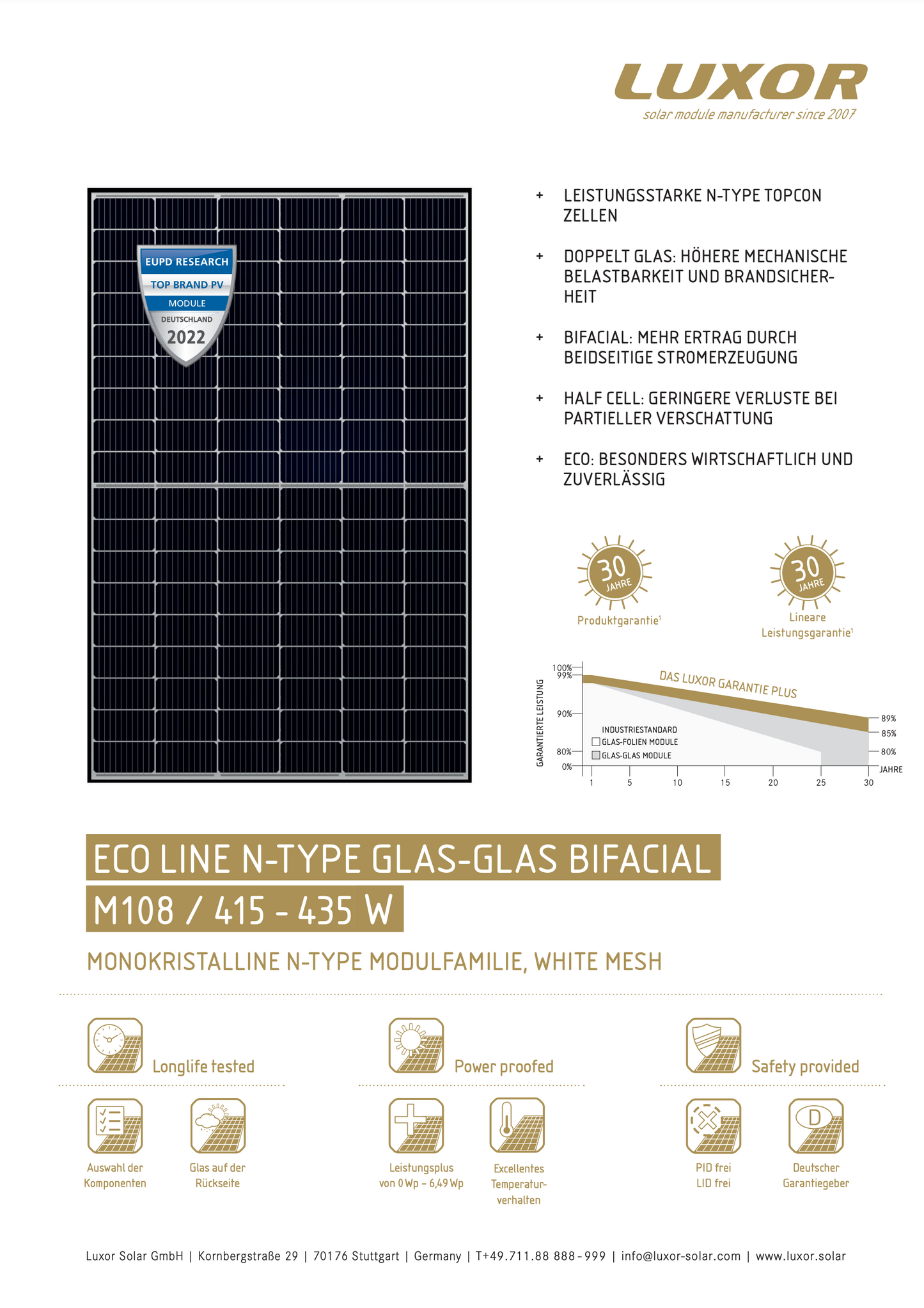 Deutsche Firma: Luxor Solar Glas-Glas N-Type, 420Wp, bifazial, 30 Jahre Deutsche Garantie