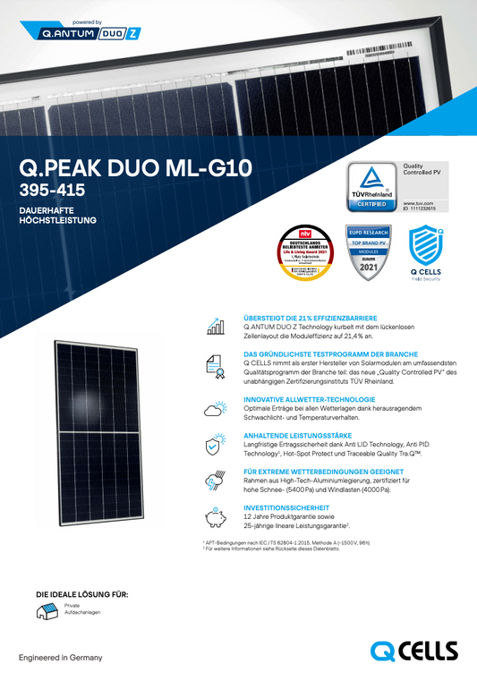 Abholware EnergySolutionCenter: Solarmodul Q-CELLS Q.PEAK DUO-ML-G10 410 Wpeak schwarzer Rahmen