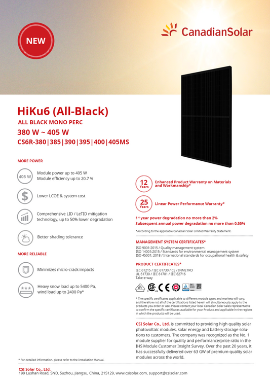 FULL BLACK Solarmodul Canadian Solar 395 & 400 Wp HiKu6 CS6R, komplett schwarz, Mono Halbzelle