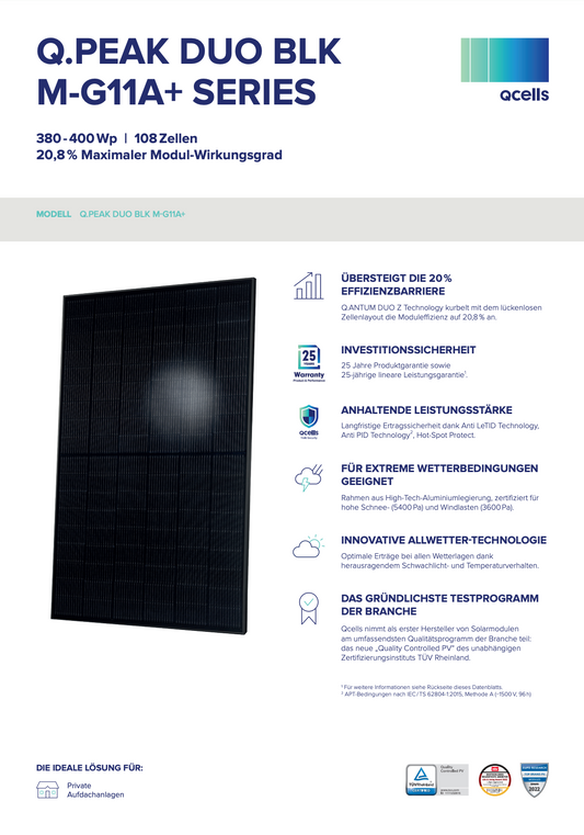 Solarmodul Q-CELLS Q.PEAK DUO-M-G11+ BLK 395 Wpeak FULL BLACK, 25 Jahre Garantie, sofort lieferbar, Deutsches Modul